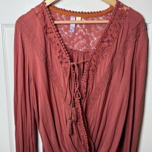 Alya Wrap Blouse Womens L Long Sleeve Whimsical Boho Feminine Lace Casual Soft